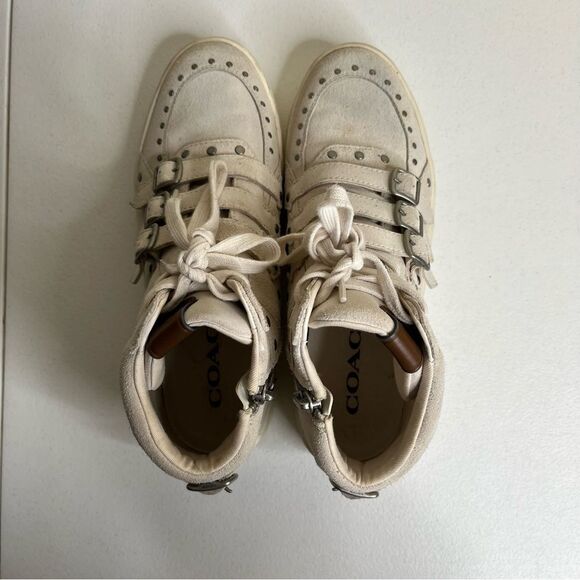 Coach Suede High Top Cream Rivets Buckles Retro Moto Zipper Sneaker Women 8.5 - Picture 13 of 15